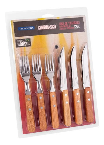 Kit Jogo Churrasco 12 Talheres Garfo Faca Inox Tramontina