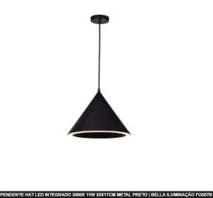 Bella Pendente Hat Fo007b Led 11w 3000k Preto